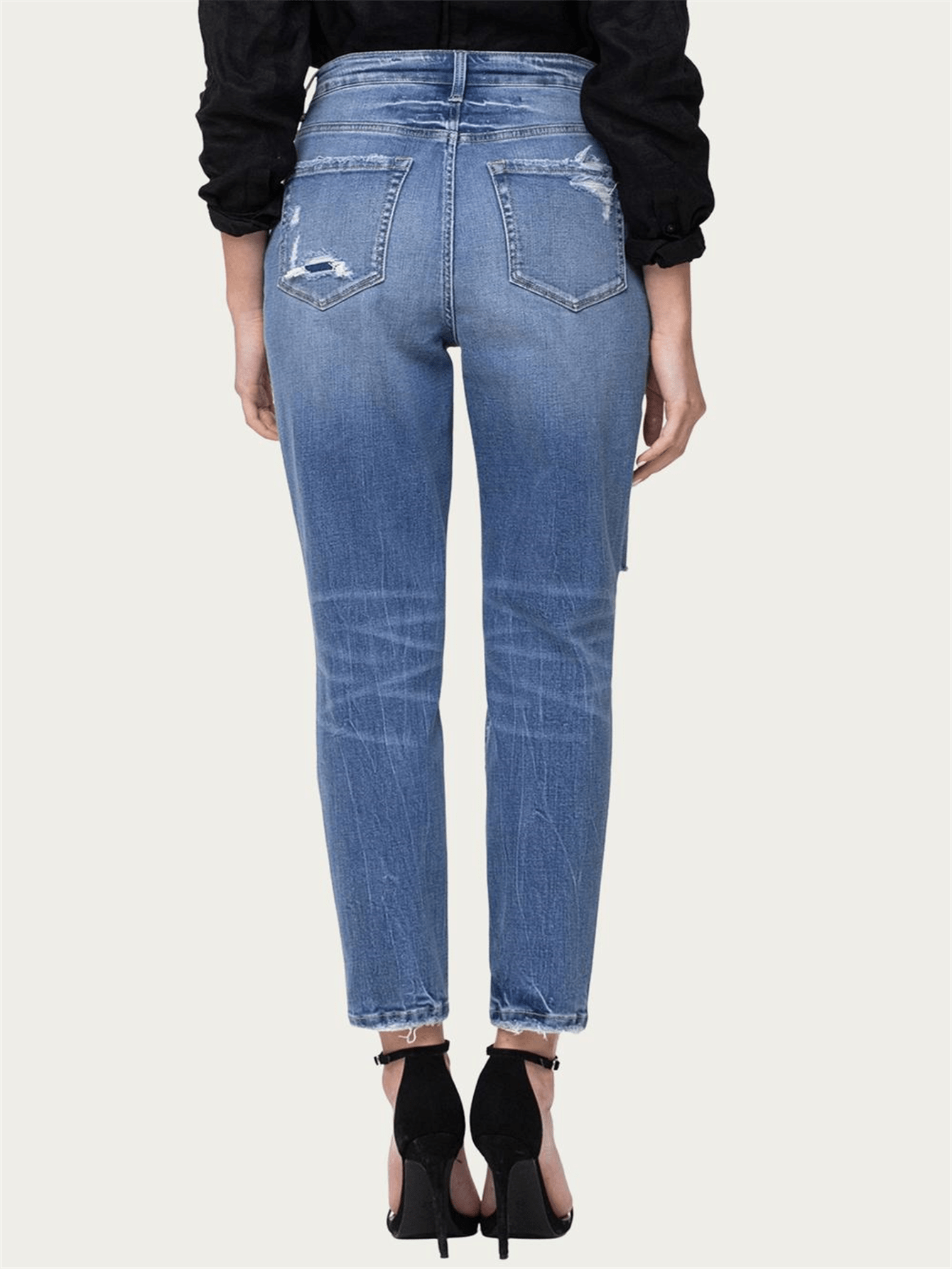 COMFORT STRETCH DISTRESSED MOM JEANS 