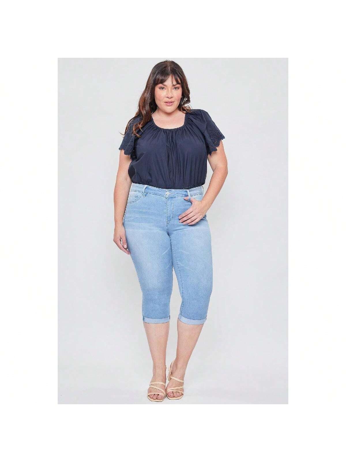 Plus Size High-Rise Double Rolled Cuff Crop Jeans 