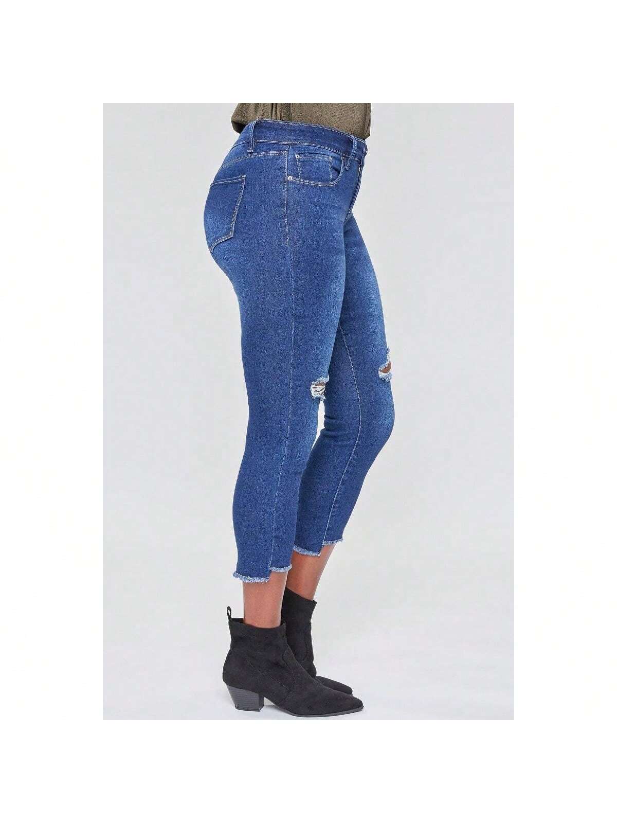 High Rise Hi-Low Frayed Hem Cropped Jeans 