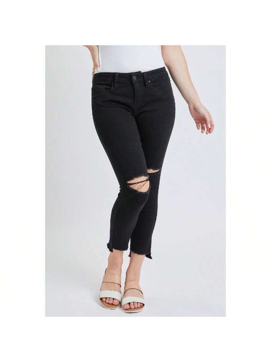 High Rise Hi-Low Frayed Hem Cropped Jeans 