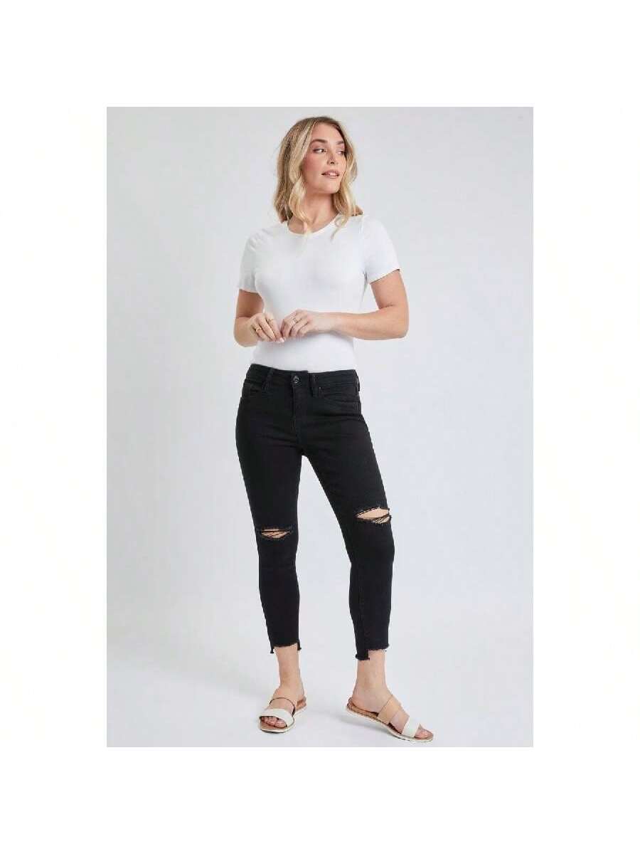 High Rise Hi-Low Frayed Hem Cropped Jeans 