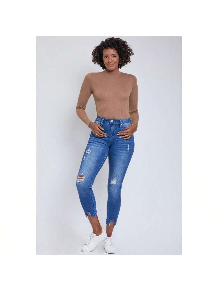 High Rise Ankle Jeans With Destructed Hem 