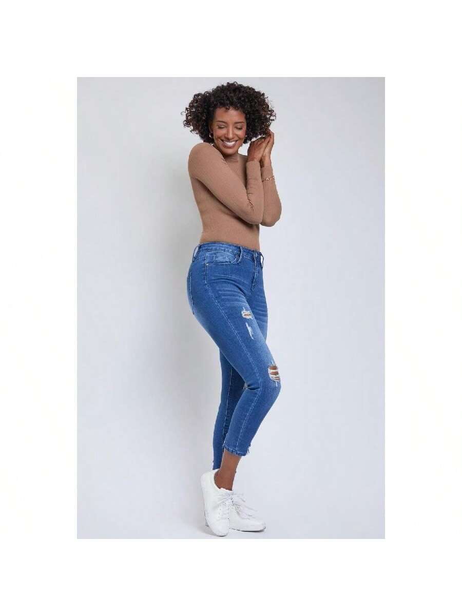 High Rise Ankle Jeans With Destructed Hem 