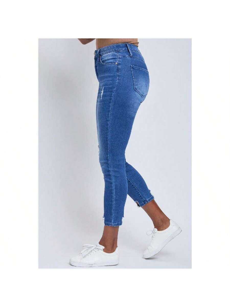 High Rise Ankle Jeans With Destructed Hem 