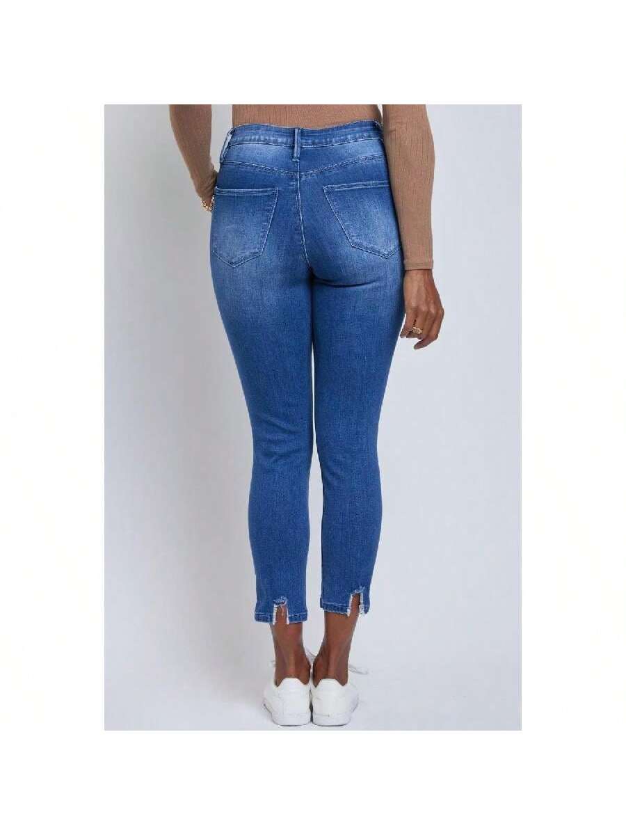 High Rise Ankle Jeans With Destructed Hem 