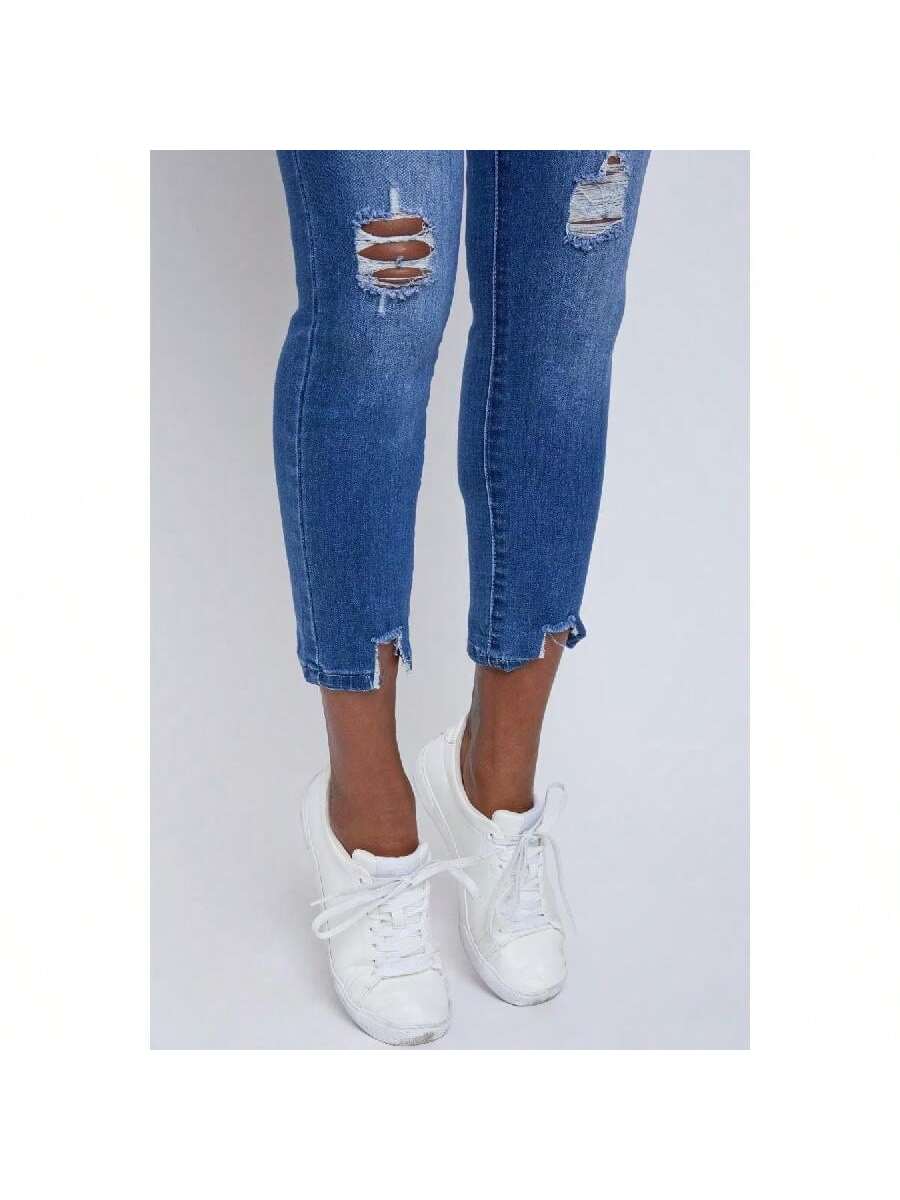 High Rise Ankle Jeans With Destructed Hem 