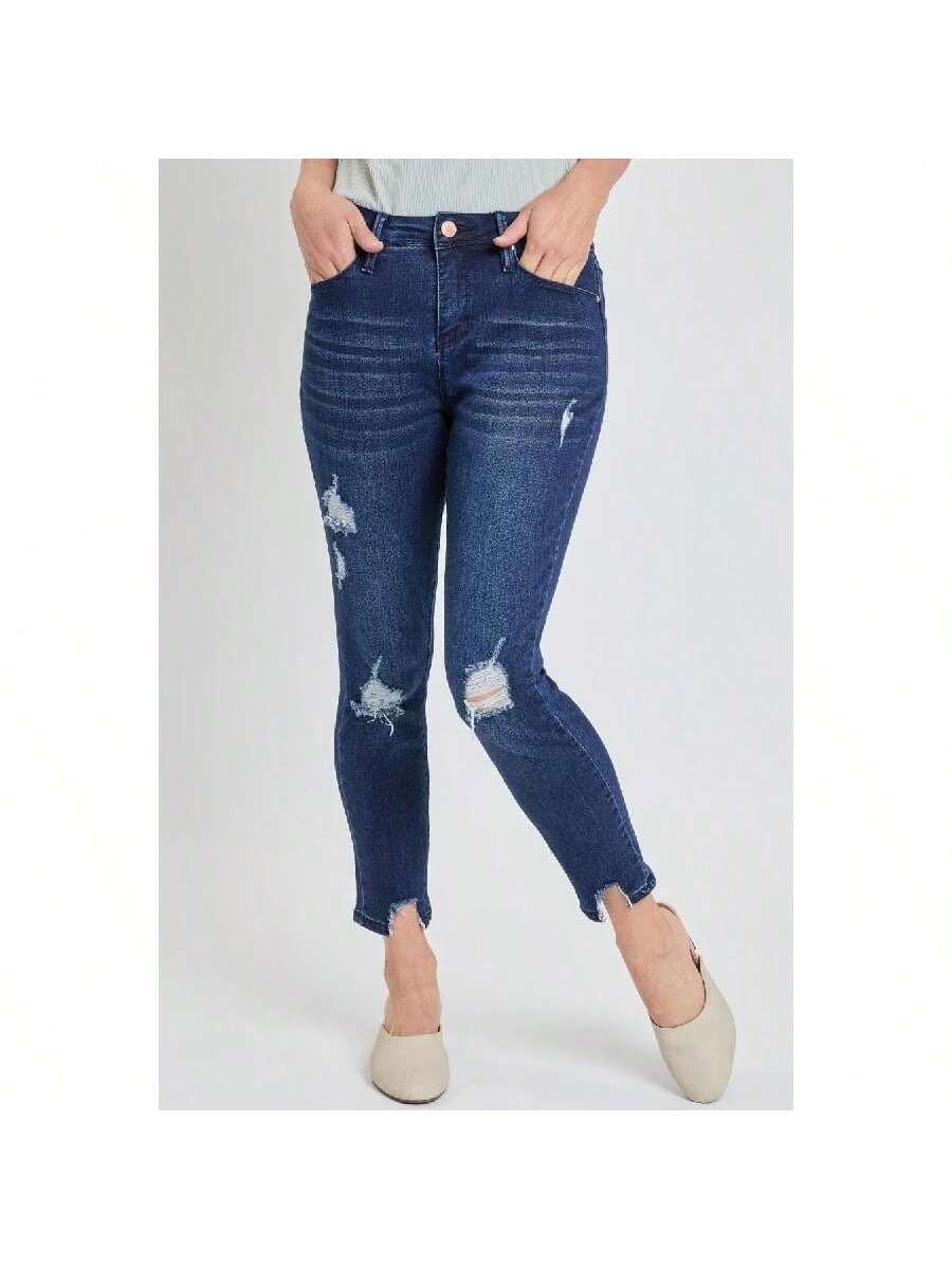 High Rise Ankle Jeans With Destructed Hem 