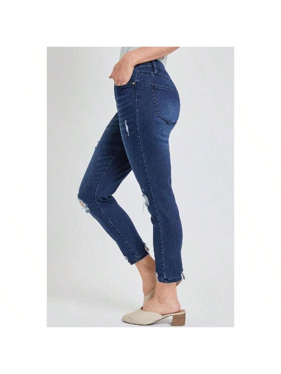 High Rise Ankle Jeans With Destructed Hem 