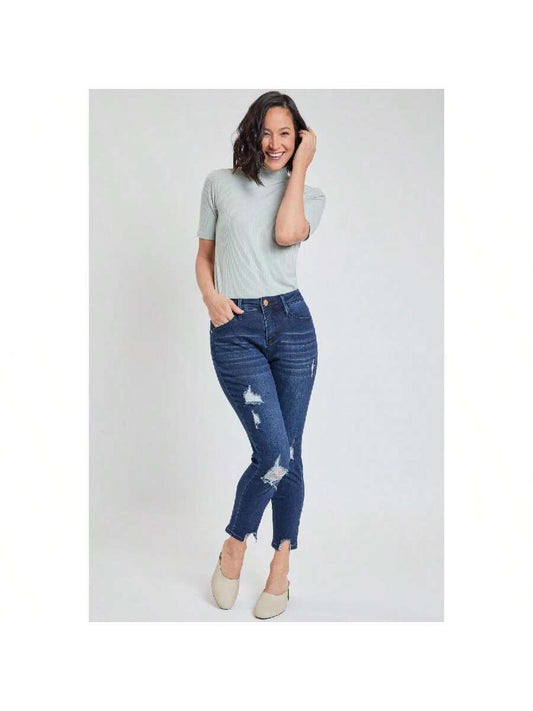 High Rise Ankle Jeans With Destructed Hem 