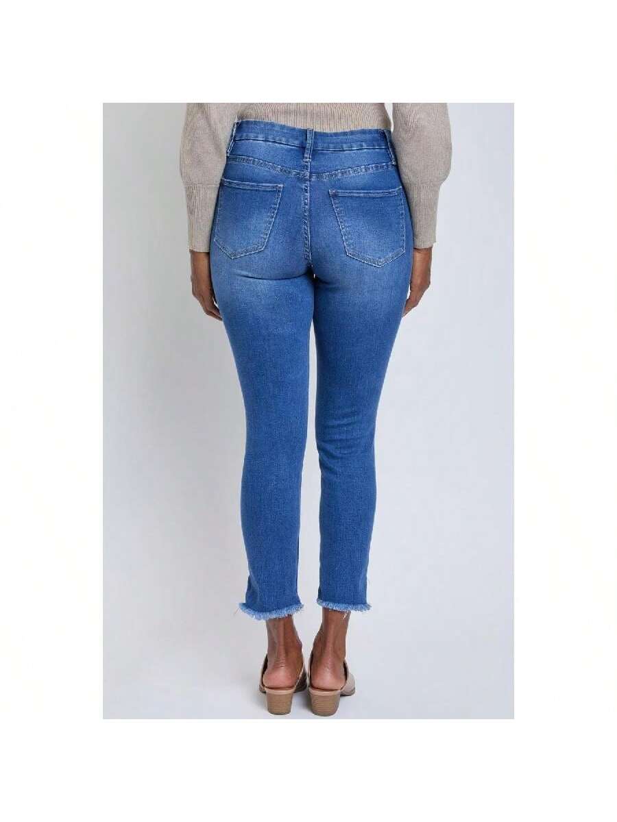 Curvy Fit High Rise Frayed Slanted Ankle Jeans 