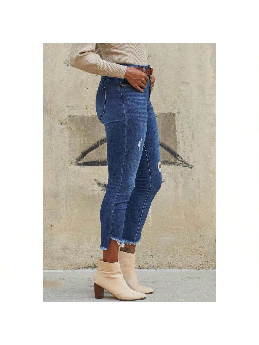 Curvy Fit High Rise Frayed Slanted Ankle Jeans 