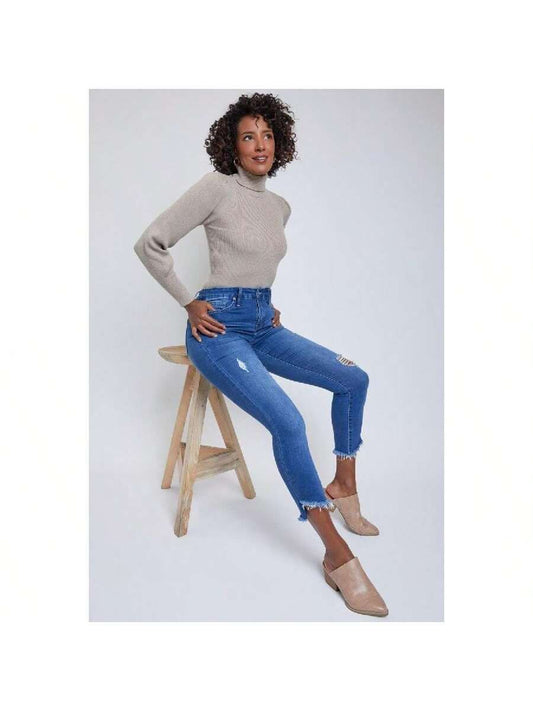 Curvy Fit High Rise Frayed Slanted Ankle Jeans 