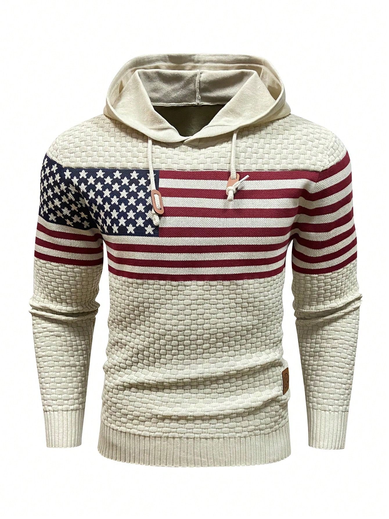 American Flag Pattern Drawstring Hooded Sweater 