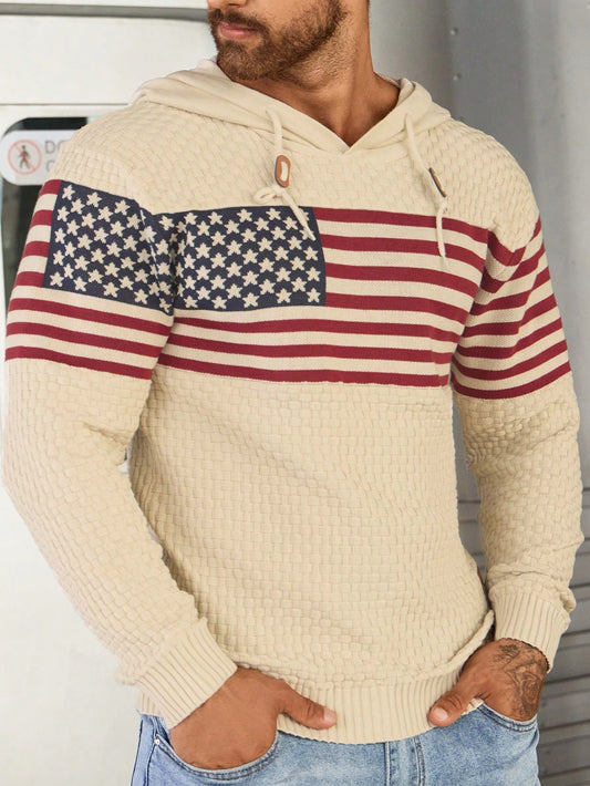 American Flag Pattern Drawstring Hooded Sweater 