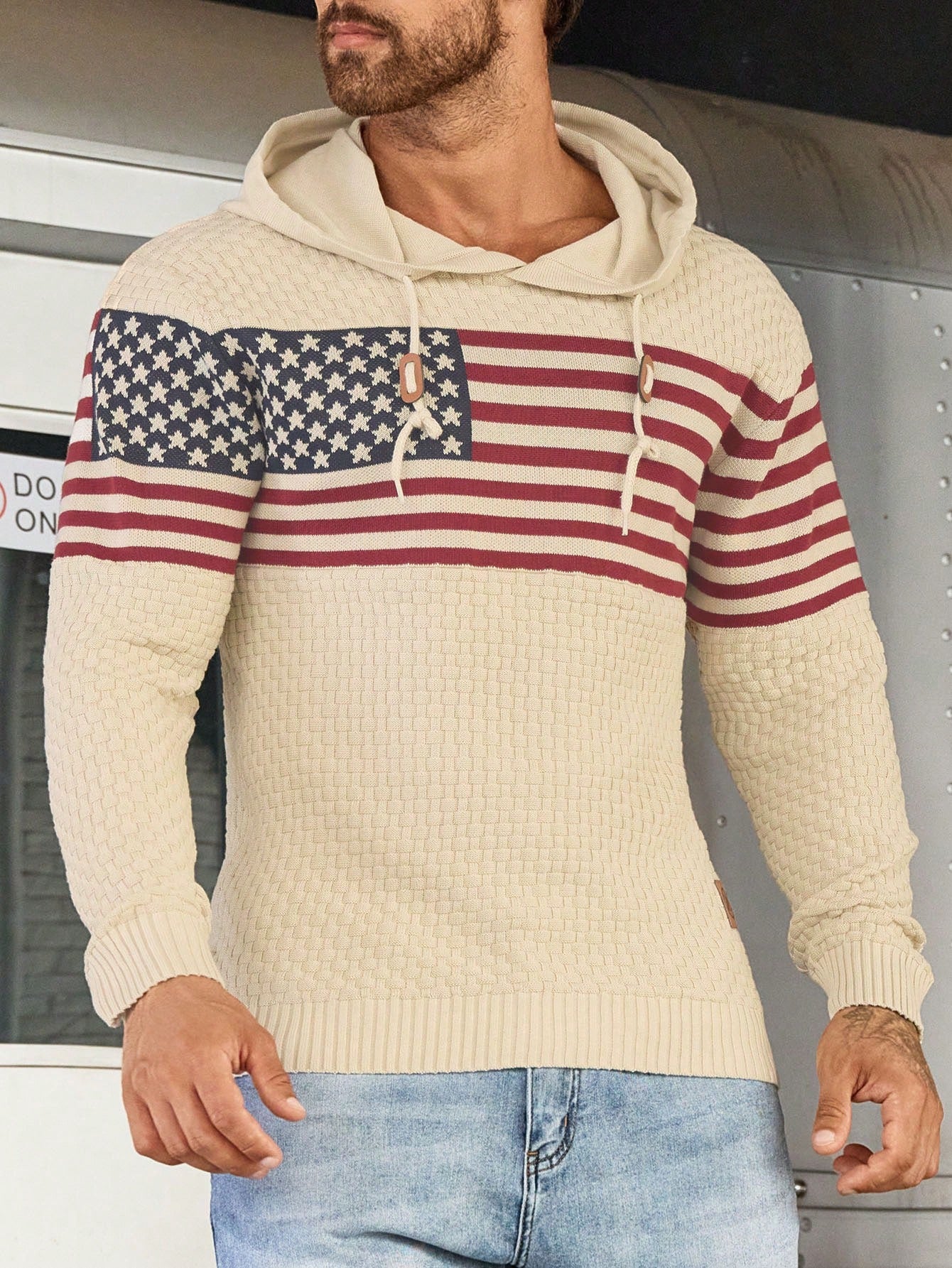 American Flag Pattern Drawstring Hooded Sweater 