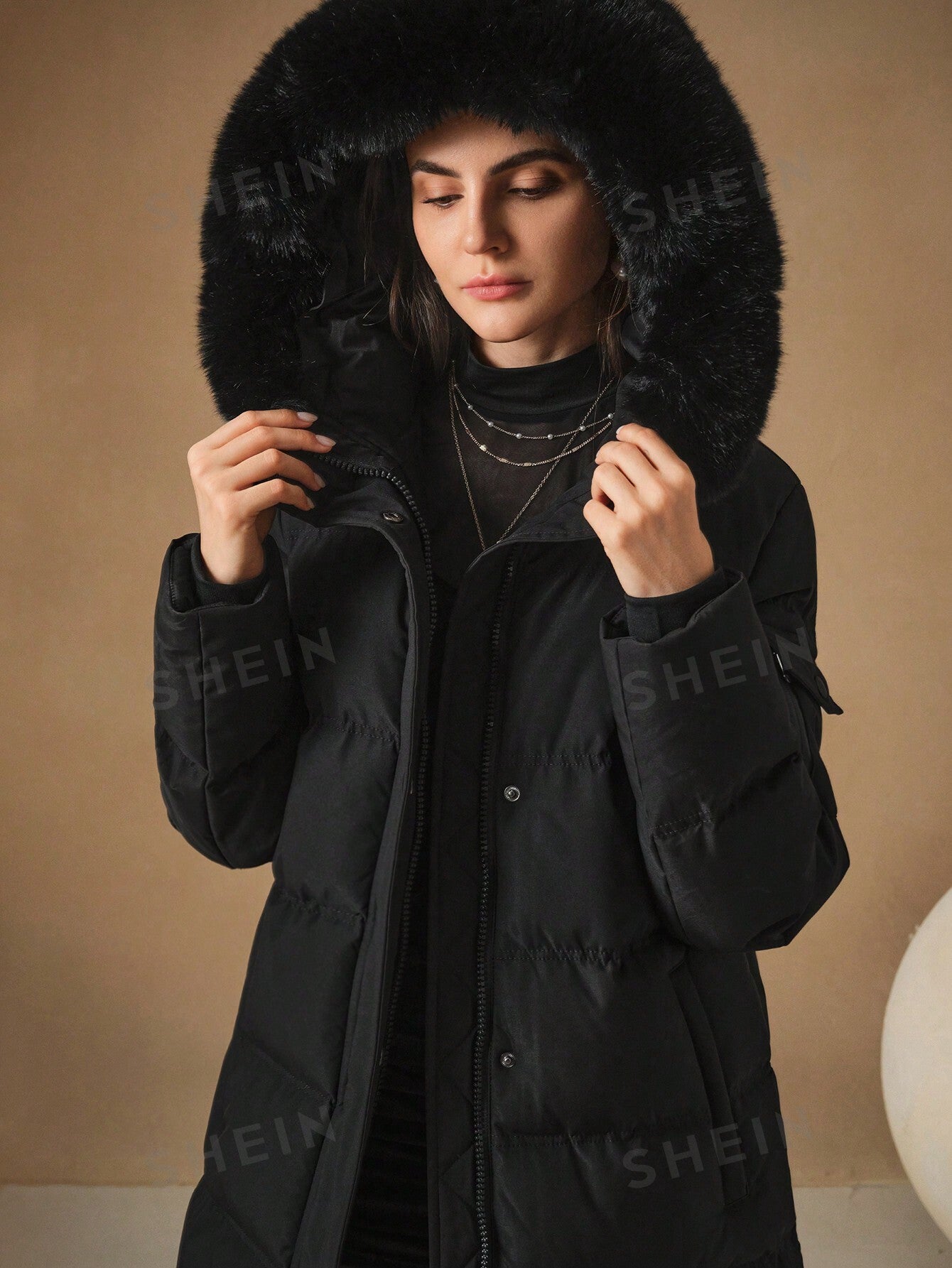 Fluffy Faux Fur Collar Quilted Padded Coat 