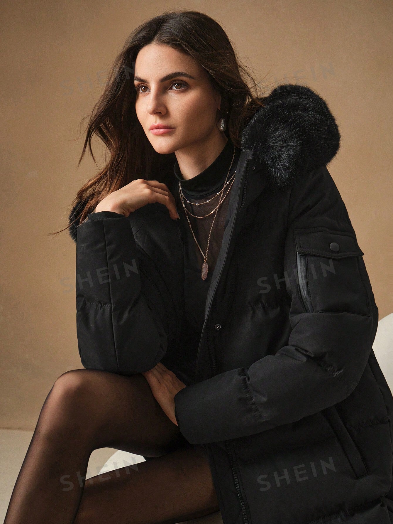 Fluffy Faux Fur Collar Quilted Padded Coat 