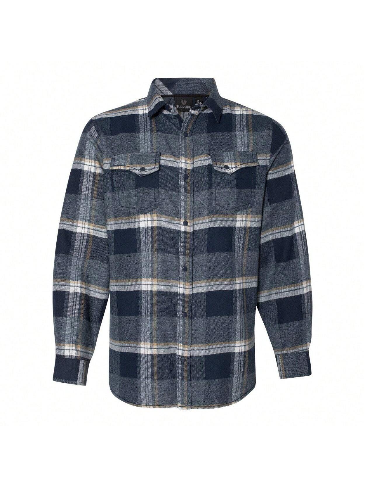 Snap Front Long Sleeve Plaid Flannel Shirt (Indigo) 