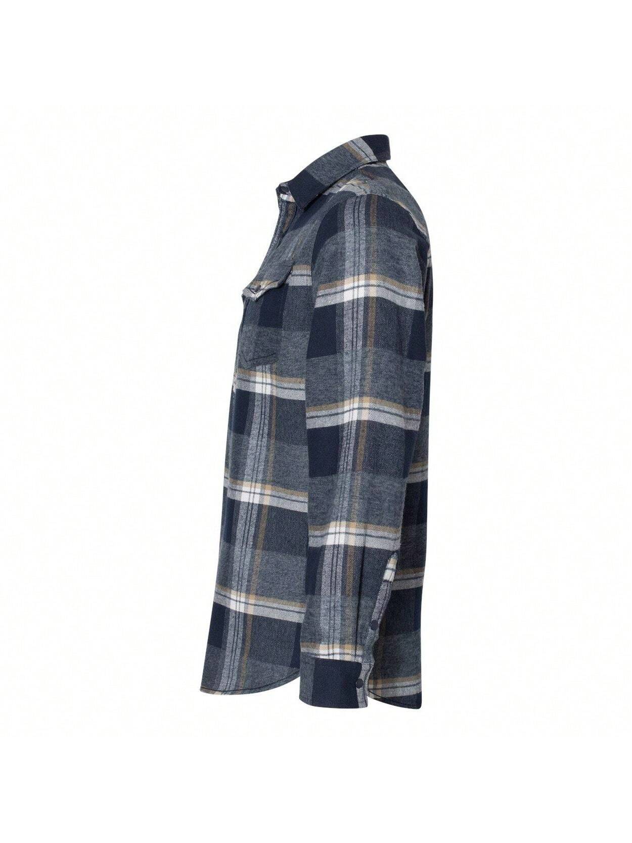 Snap Front Long Sleeve Plaid Flannel Shirt (Indigo) 