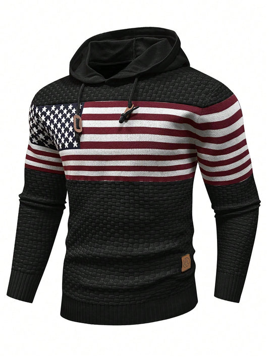 American Flag Pattern Drawstring Hooded Sweater 