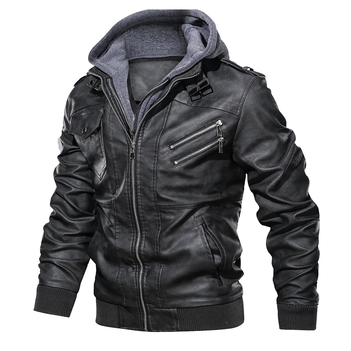 Hood Crew Men's Pu Faux Leather Jacket with Removable Hood Black L 