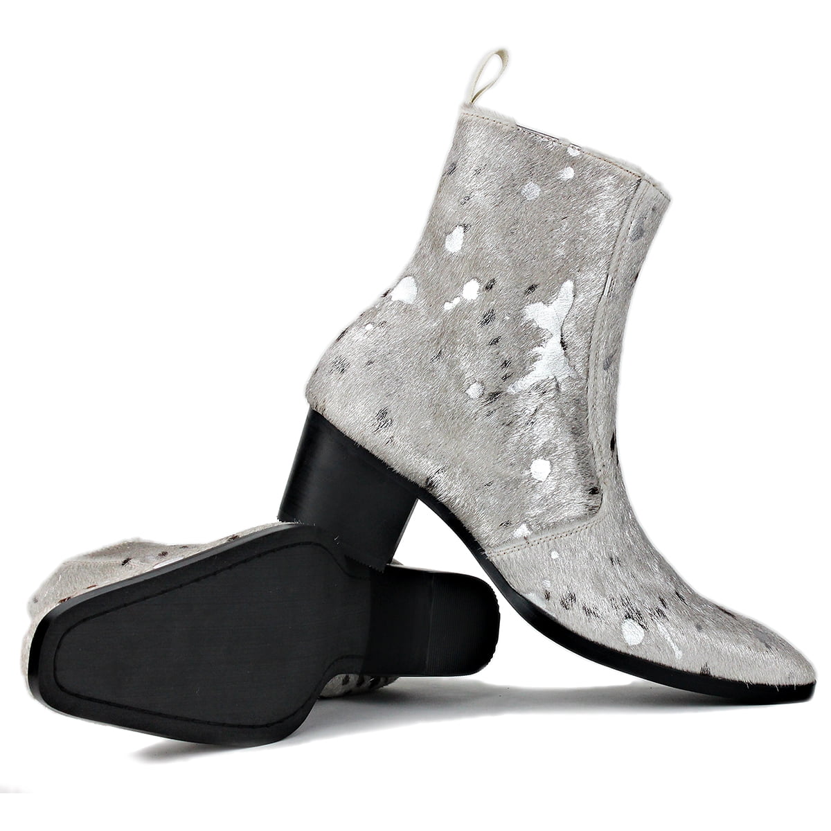 OSSTONE Dress Boots Chelsea Pony Hair Leopard Boots for Men Zipper-up Leather Casual Heel Shoes JY012-B-Silver-7 Silver 