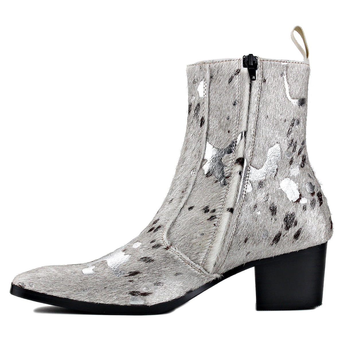 OSSTONE Dress Boots Chelsea Pony Hair Leopard Boots for Men Zipper-up Leather Casual Heel Shoes JY012-B-Silver-7 Silver 