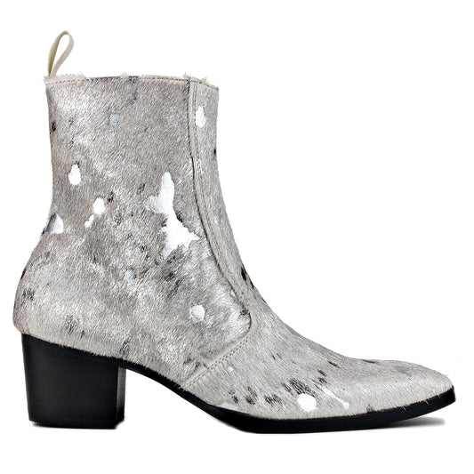 OSSTONE Dress Boots Chelsea Pony Hair Leopard Boots for Men Zipper-up Leather Casual Heel Shoes JY012-B-Silver-7 Silver 