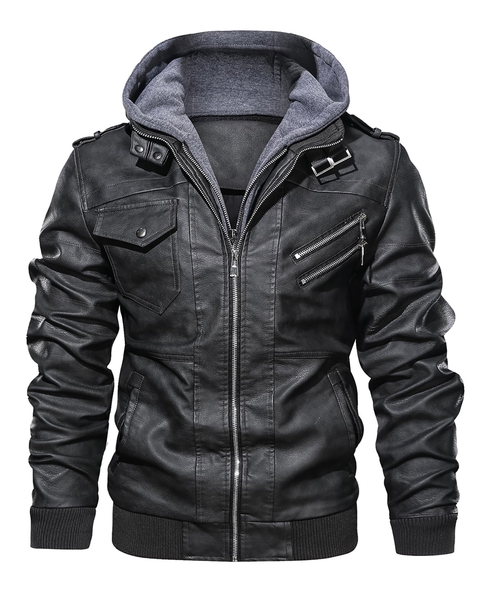 Hood Crew Men's Pu Faux Leather Jacket with Removable Hood Black L 