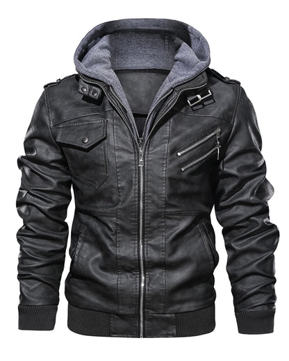 Hood Crew Men's Pu Faux Leather Jacket with Removable Hood Black L 