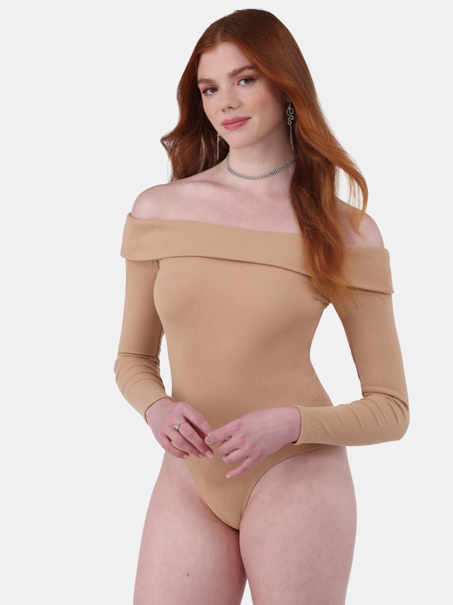 No Boundaries Off-the-Shoulder Bodysuit with Long Sleeves, Women's and Women's Plus 