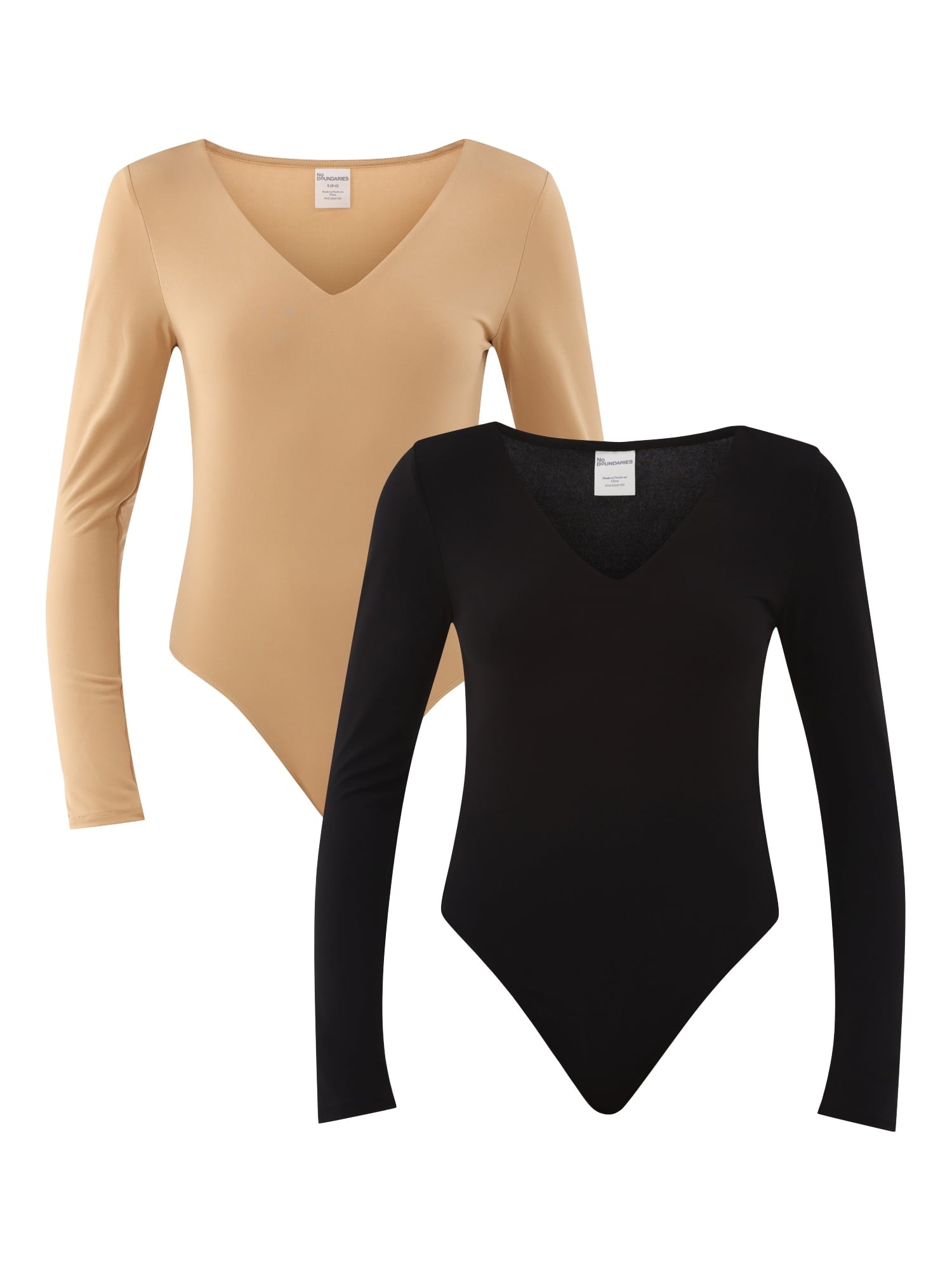 No Boundaries Double Layer Bodysuit with Long Sleeves, 2-Pack 