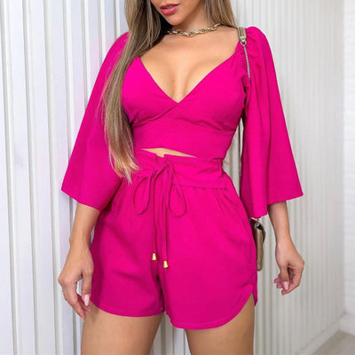 V-neck Backless Bell Sleeve Shirt and High-waisted Shorts Suit