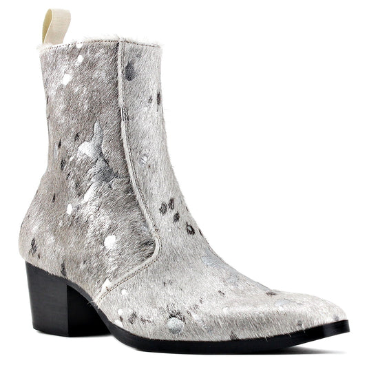 OSSTONE Dress Boots Chelsea Pony Hair Leopard Boots for Men Zipper-up Leather Casual Heel Shoes JY012-B-Silver-7 Silver 