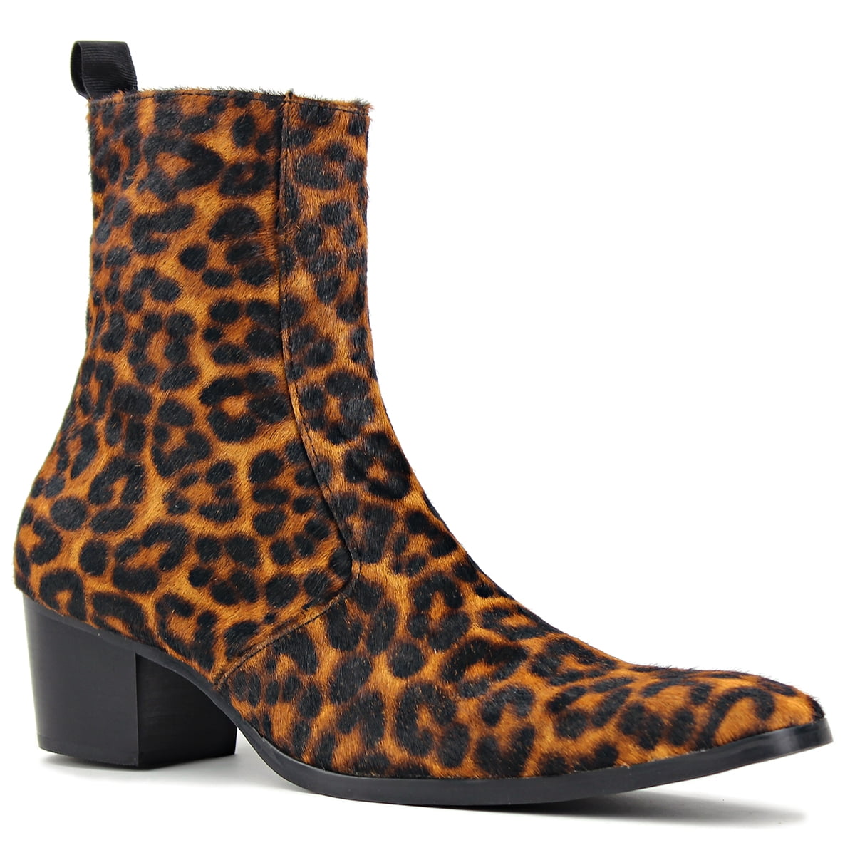 OSSTONE Dress Boots Chelsea Pony Hair Leopard Boots 