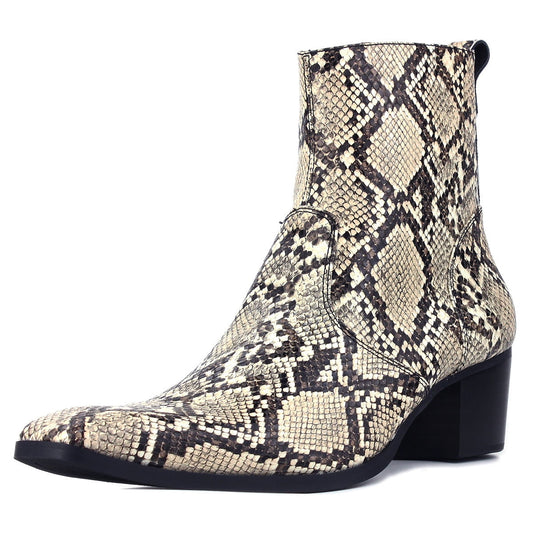 Beige OSSTONE Dress Boots Chelsea Snake Prints Boots for Men 