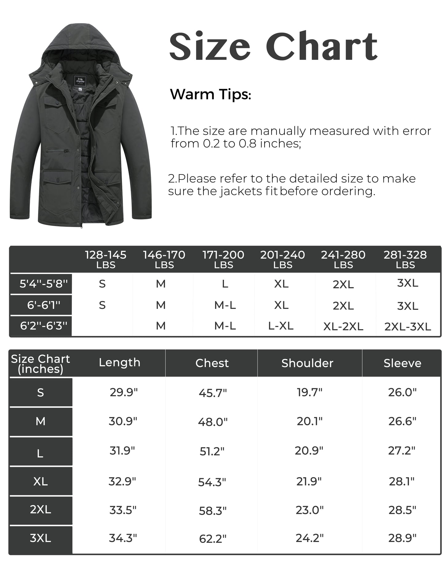 Ampake Men's Winter Puffer Jacket t with Hood Gray M 